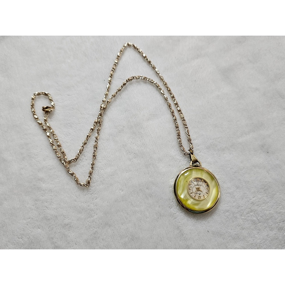 Vintage Lady Nelson Swiss Made Yellow Lucite Pendant Watch Necklace 24in Chain